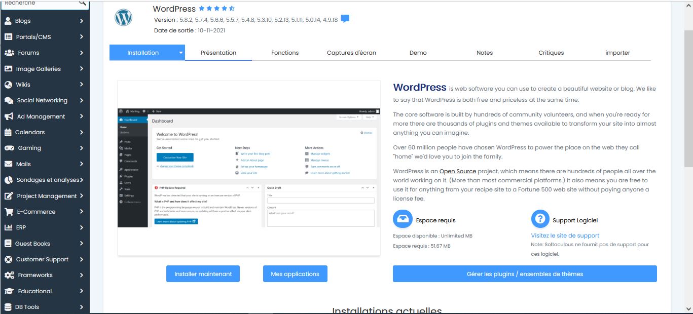 configurer WordPress dans Softaculous