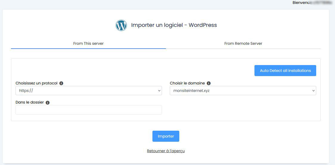 importer site WordPress via Softaculous