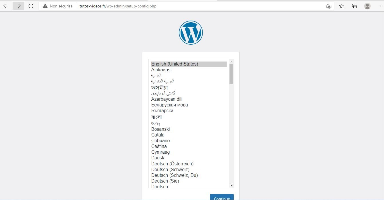 page d'installation de WordPress