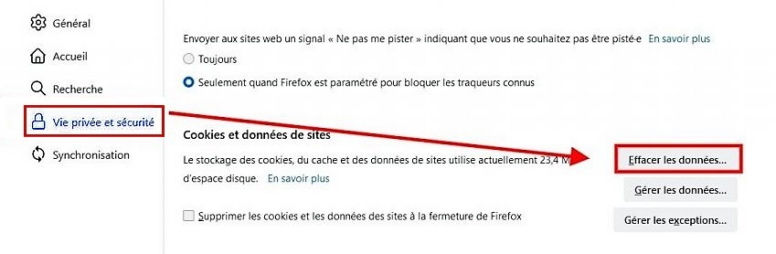 Effacer les caches et cookies sur le navigateur Mozila Firefox