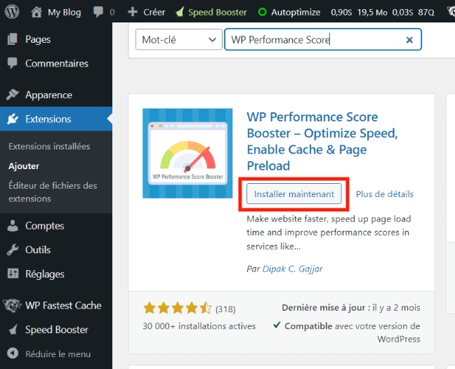 installer WP Performance Score Booster
