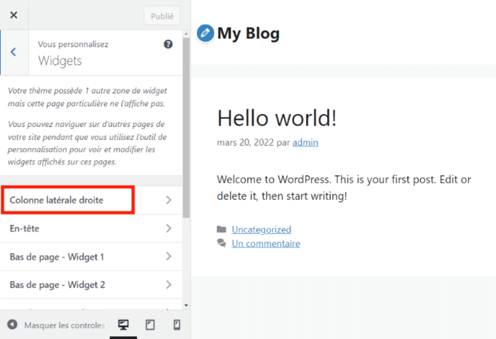 interface de personnalisation de WordPress