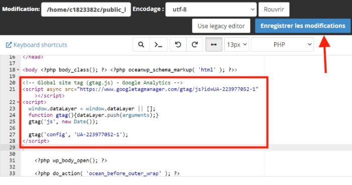 intégrer manuellement Google Analytics dans WordPress : éditer le fichier header.php