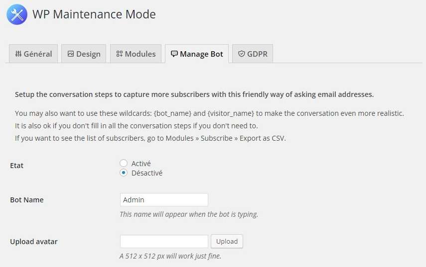 plugin WP Maintenance Mode modules manage bot