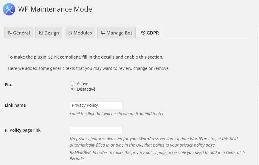 plugin WP Maintenance Mode design modules GDPR