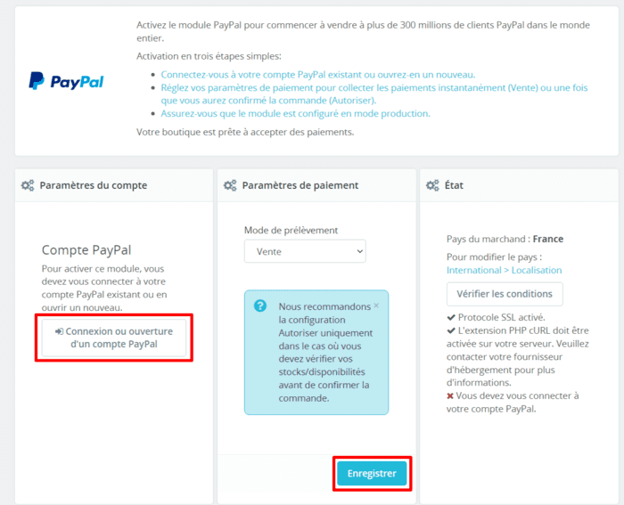 configurer PayPal comme mode de paiement PrestaShop