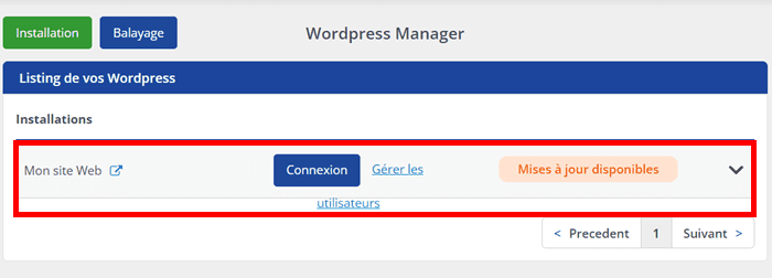 interface de gestion des installations WordPress