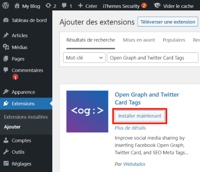 installer le plugin Open Graph and Twitter Card Tags
