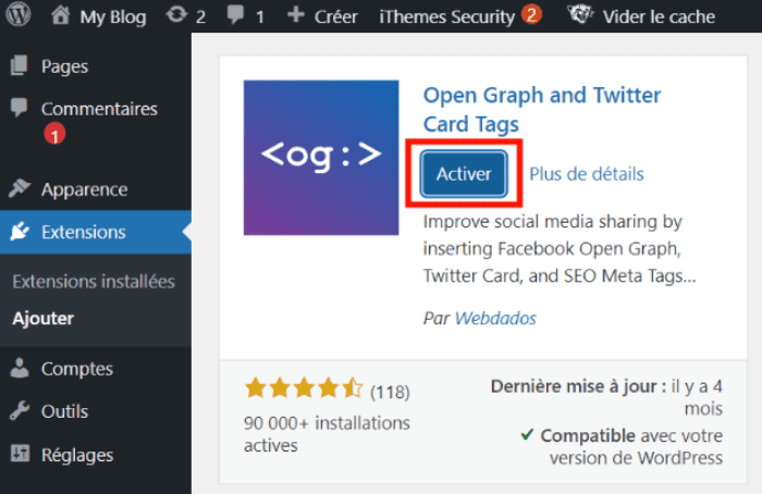 activer le plugin Open Graph and Twitter Card Tags