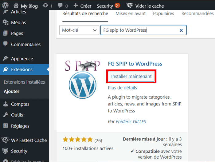 Installer le plugin FG SPIP to WordPress