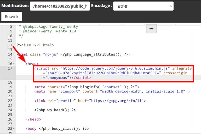 ajouter du code jQuery dans le fichier header.php