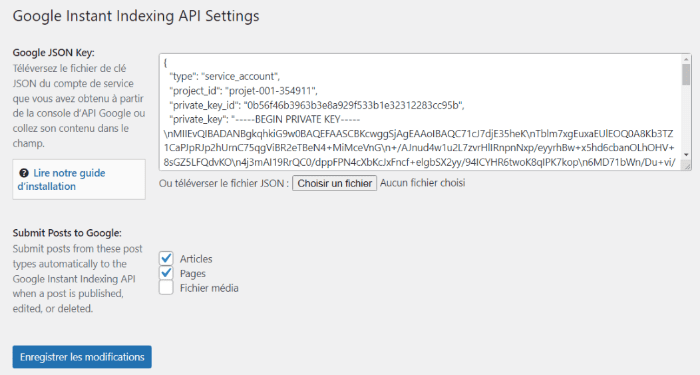 enregistrer la clé API