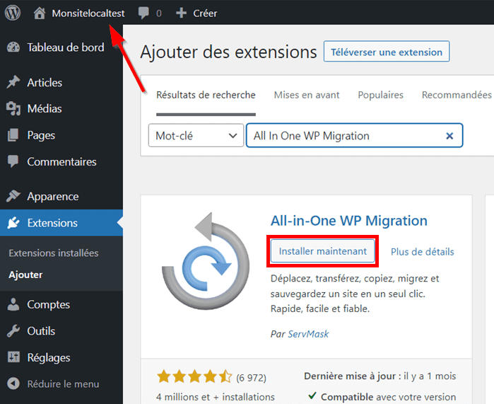 installer le plugin All In One WP Migration