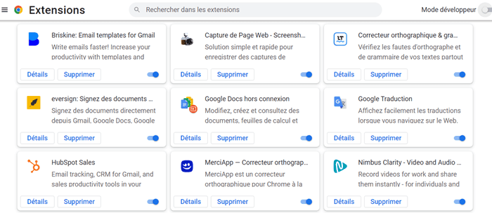 désinstallation des extensions Chrome