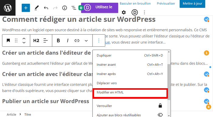 modifier en HTML WordPress