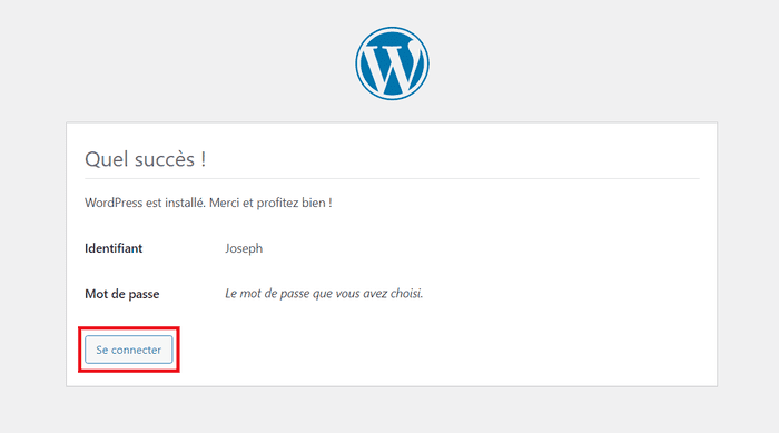 fin d'installation de WordPress