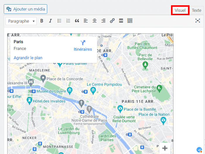 affichage carte Google Maps en mode visuel