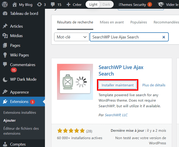 installer le plugin SearchWP Live Ajax Search