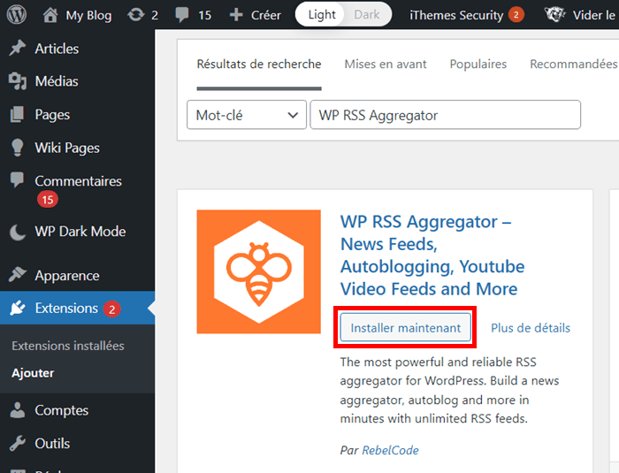 installer le plugin WP RSS Aggregator