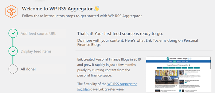 terminer la configuration de WP RSS Aggregator