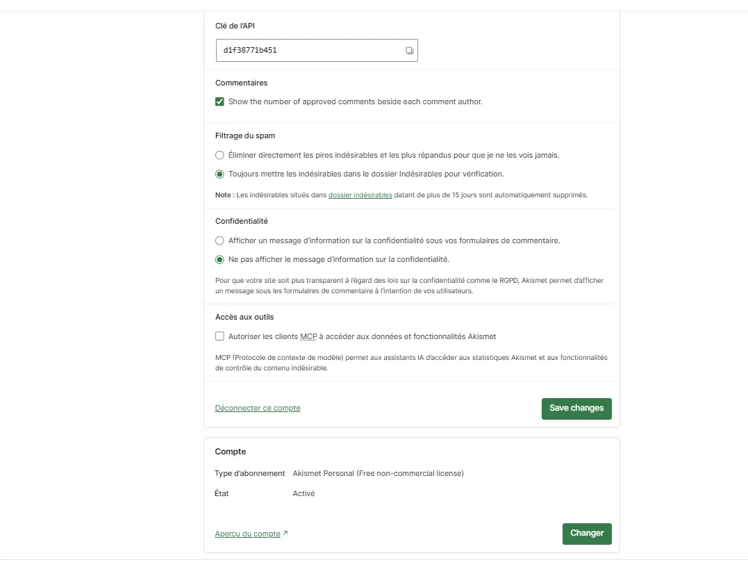 Activation de la clé Akismet