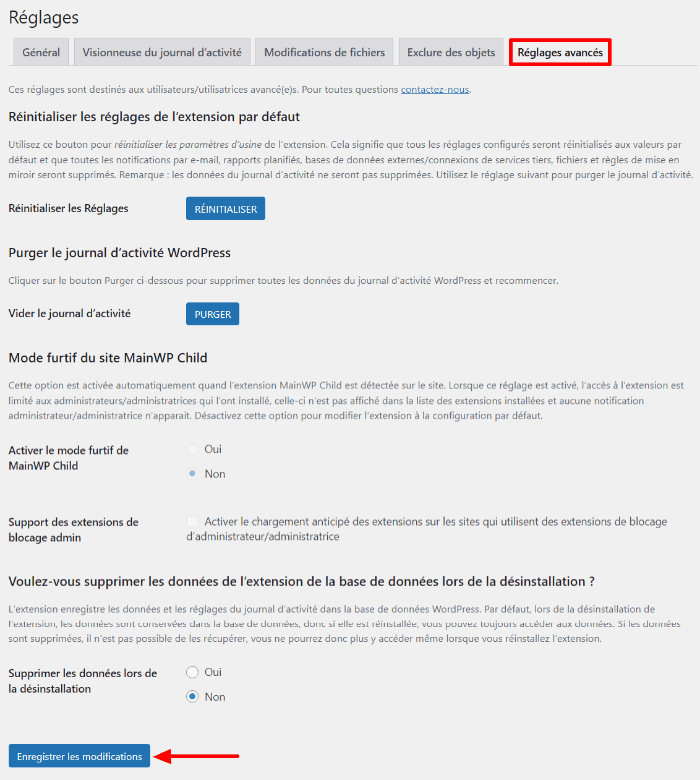 réglages avancés