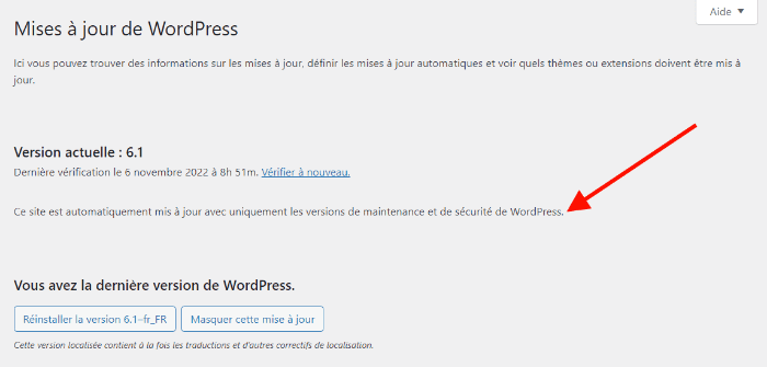interface de gestion de mises à jour WordPress