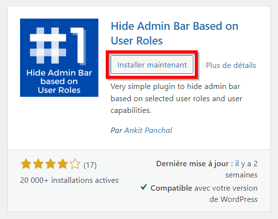 installer le plugin Hide Admin Bar Based on User Roles