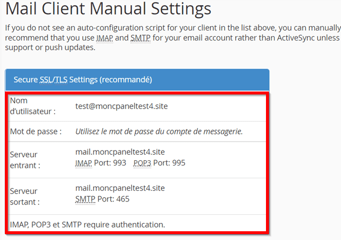 mail client manual settings cpanel