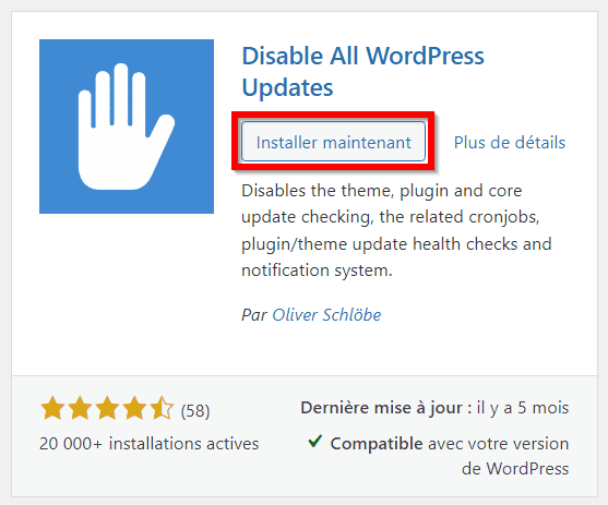 installer le plugin Disable All WordPress Updates