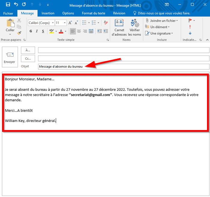 rédiger un message d'absence dans Outlook
