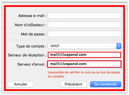 Type de compte e-mail Serveur de réception, Serveur d'envoi, Apple Mail Mac