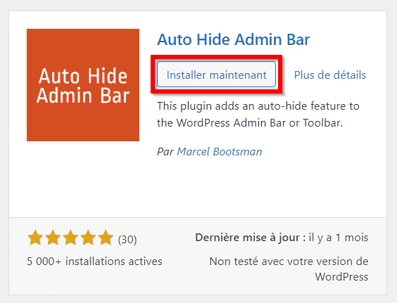 installer le plugin Auto Hide Admin Bar
