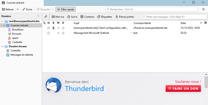 Interface de gestion de Thunderbird