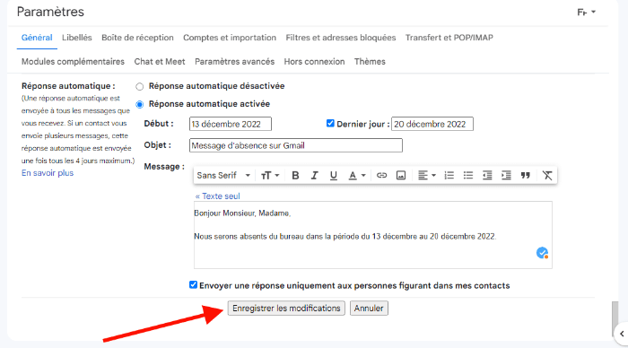 Activer réponse automatique Gmail