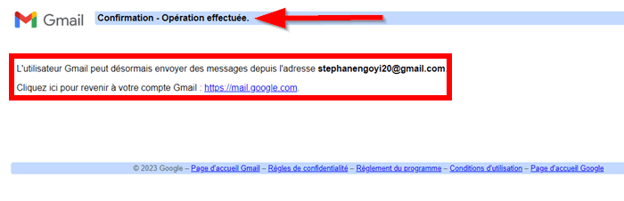 interface de confirmation de configuration d'un nouveau compte Gmail