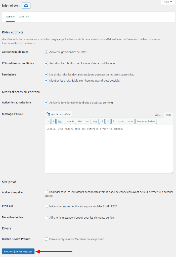 paramètres de configuration du plugin Members