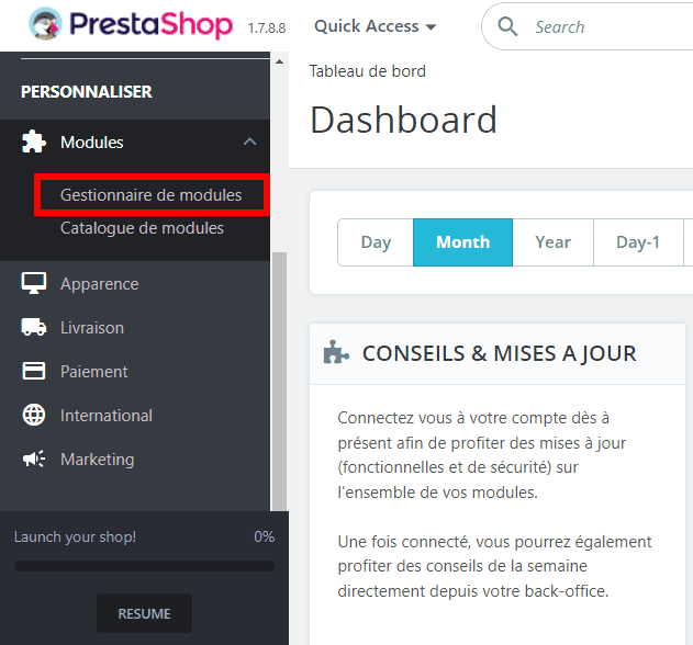 Gestionnaire de modules PrestaShop