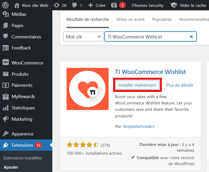Installation de l'extension TI WooCommerce Wishlist