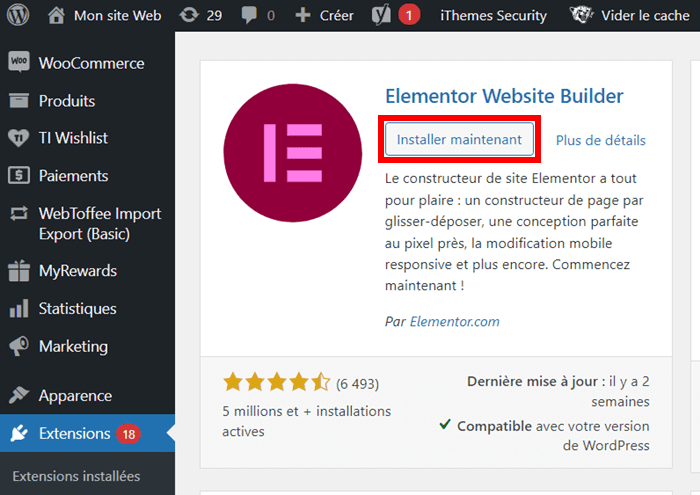 Installation de l'extension "Elementor Website Builder " sur WordPress