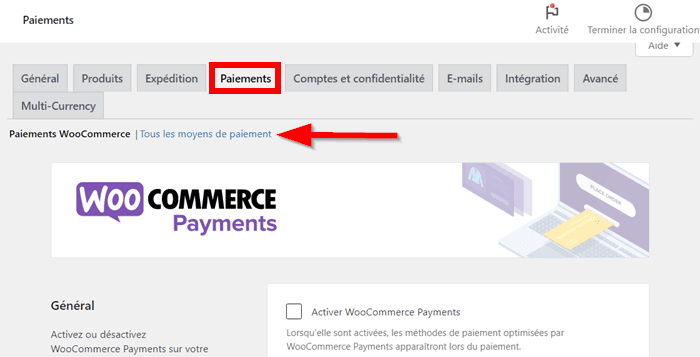 Paramètres de paiements sur WooCommerce