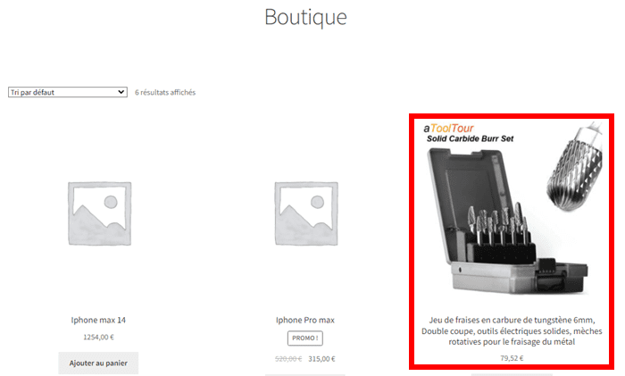 Affichage de produit importé depuis AliExpress sur la boutique WooCommerce