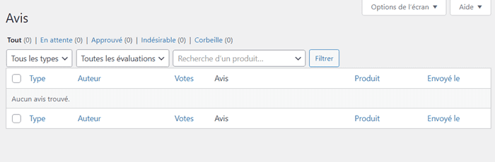 Pages des avis clients par défaut de WooCommerce