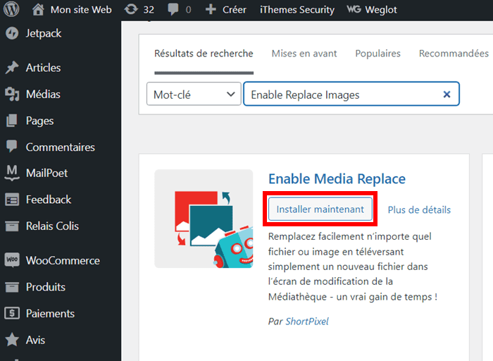 Installer l'extension Enable Media Replace sur WordPress