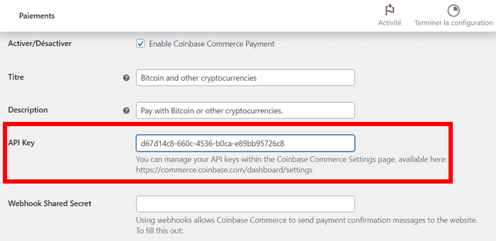 Autoriser le paiement en cryptomonnaie bitcoin : coller la clé API dans l'extension Coinbase sur WooCommerce