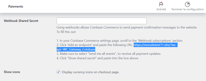 Copier l'URL de connexion de WooCommerce et Webhook