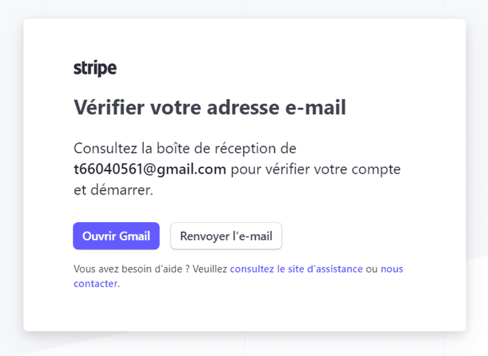 Confirmation d'adresse e-mail Stripe