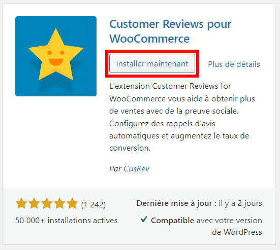 Installation de l'extension Customer reviews pour WooCommerce
