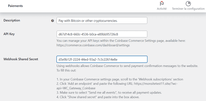 Coller la clé webhook Coinbase sur WooCommerce