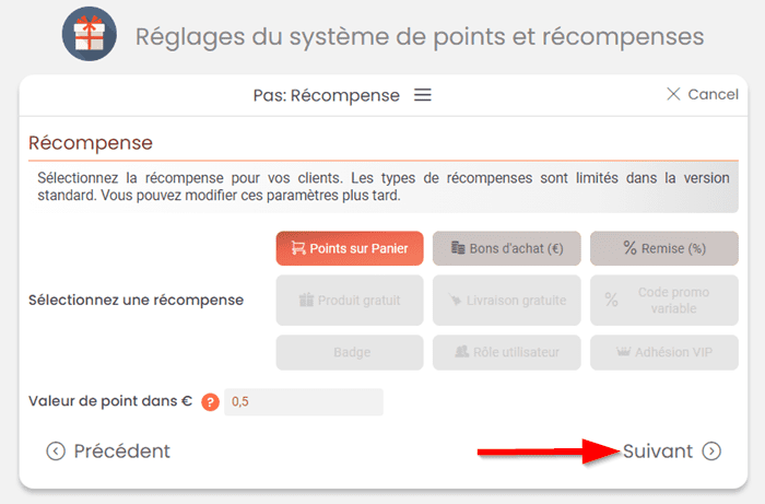 Configurer la récompense"Points sur panier" de MyRewards